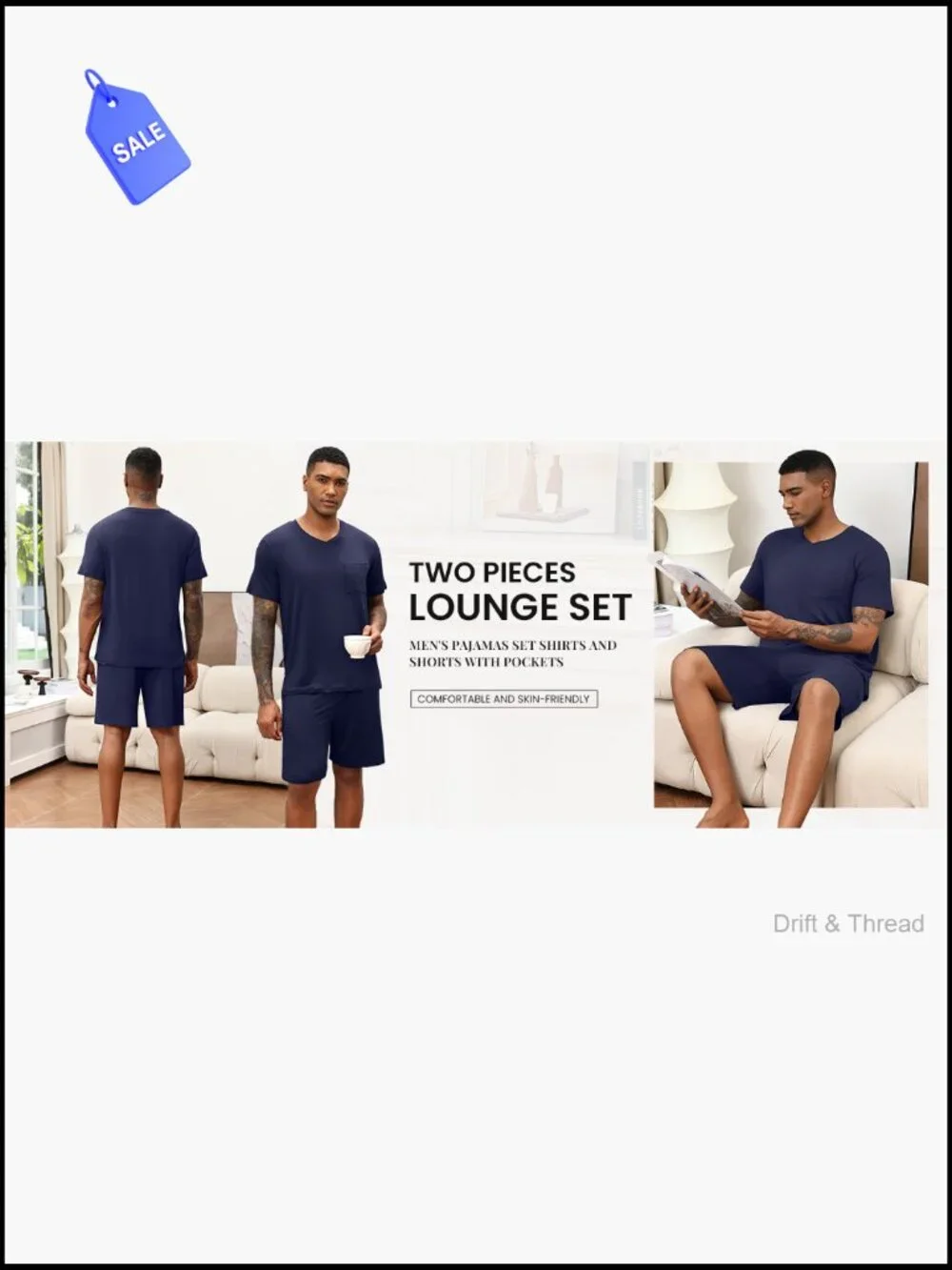 Men's Pajama Set V-Neck Short Sleeve Lounge Set with Pockets S-XXL